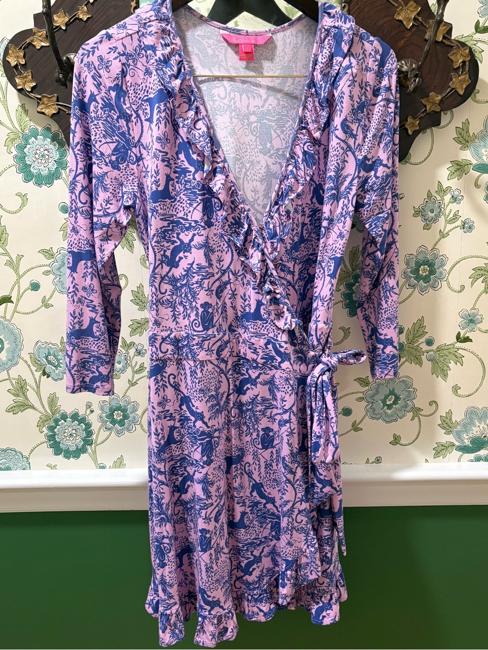 Lilly Pulitzer Jungle Toile Wrap Dress Pink Blue Monkey Leopard Ruffle Hem M